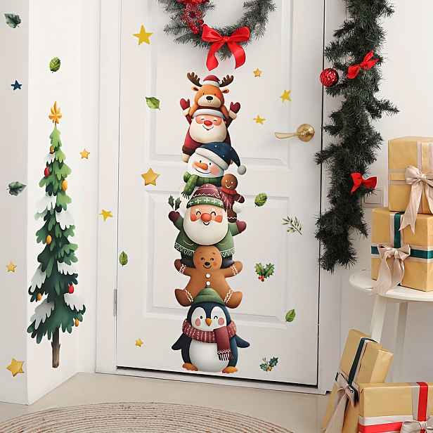 TEMU Samolepky na zeď s 2D plochým designem Santa , soba, sněhuláka a tučňáka stojícího na stromě, vyrobené z voděodolných odstranitelných