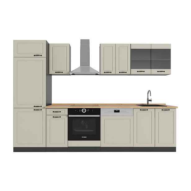 Vicco KUCHYŇSKÝ KOUT R-Line, Písečná venkovský dům/Antracit, 300 cm pracovná doska Dub Goldkraft
