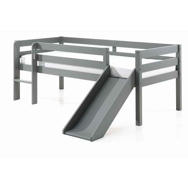 Šedá dětská vyvýšená postel se skluzavkou Vipack Pino, 90 x 200 cm