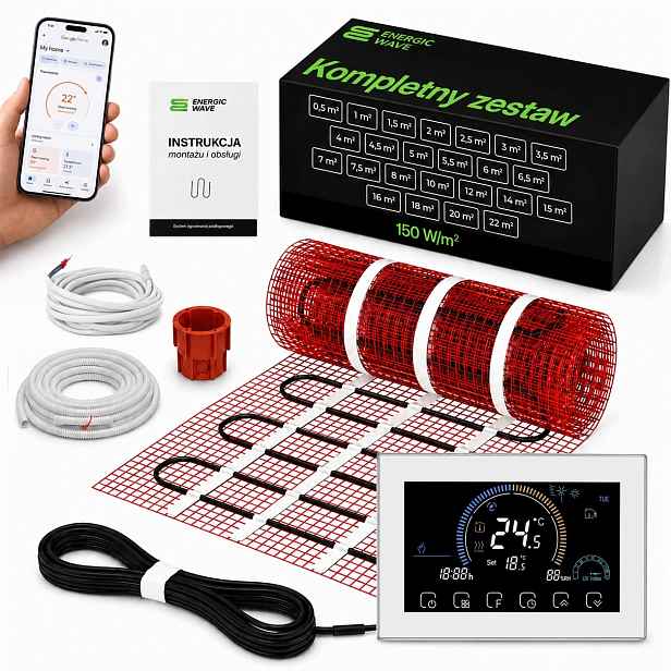 Topná podložka pod dlaždice 150 W/m2 1 m2 Wifi Termostat Celý set