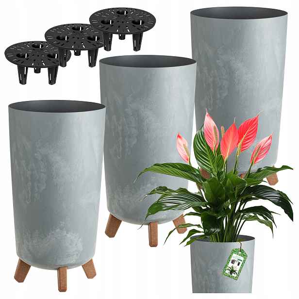 Set x3 Květináč Květináč Na Nožkách Vysoký Stojanový Květináč Beton Šedý