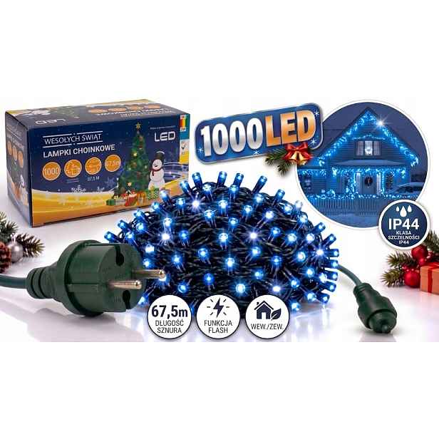 Led světla 1000 67,5 m modrá, bílý blesk
