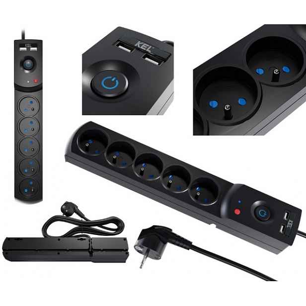 Profesionální přepěťová ochrana 5 zásuvek 2xUSB 1,5 m 10 A 2300 W černá