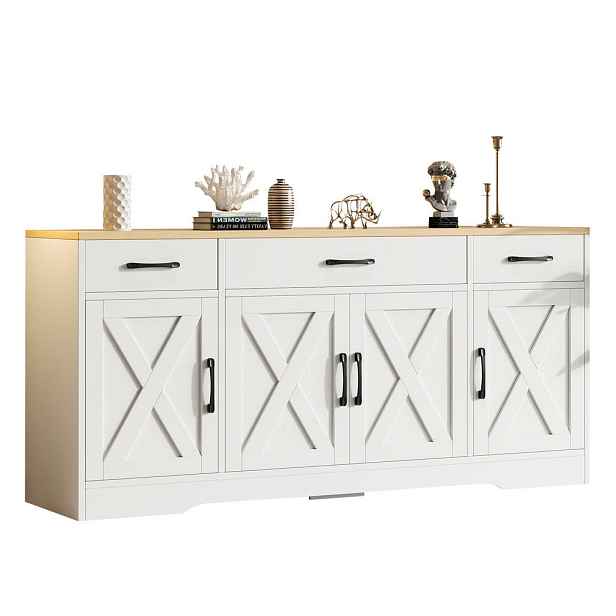 EVRYAE SIDEBOARD Venkovský styl 140 cm se 4 dvířky a 4 zásuvkami dřevěný materiál zlaté úchytky kuchyně jídelna