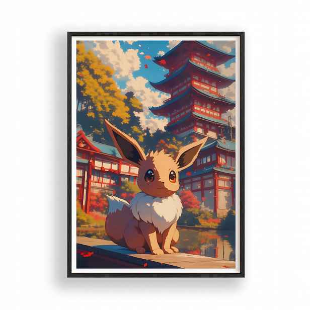 Obraz Pokémon Eevee Japonsko Plakát Rámeček Dřevěný Černý 30x42 cm