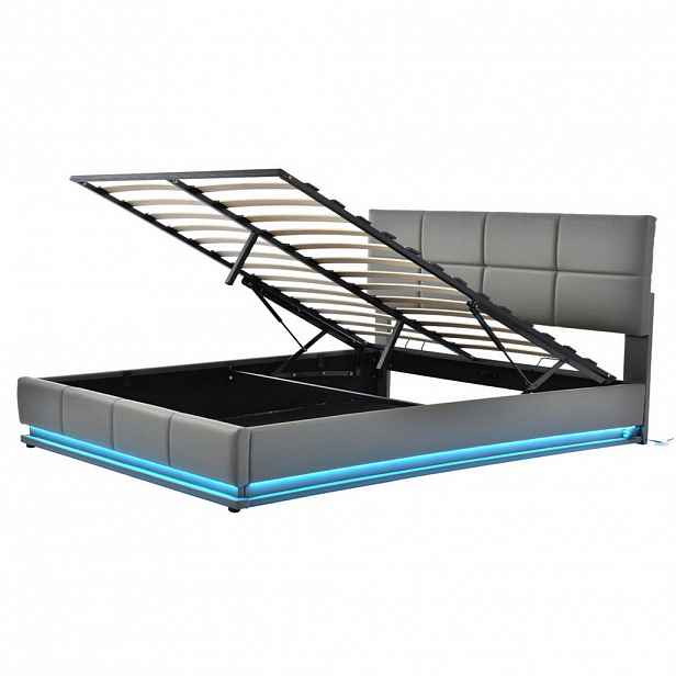 Redom ČALOUNĚNÁ postel 160/200 cm s LED osvětlením, hydraulickým úložným prostorem a výškově nastavitelným čelem, Šedá