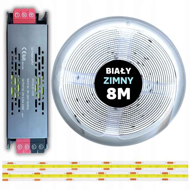 Set 8M Led pásek Cob 480 diod 6000K bílý studený 24V 10W s napájecím zdrojem