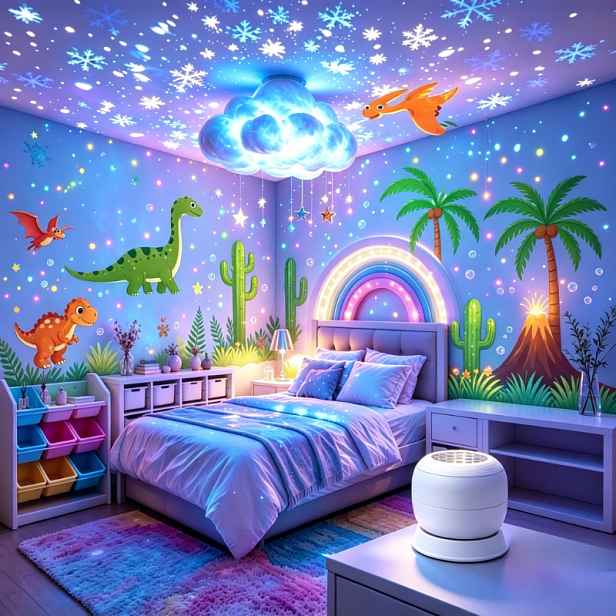 TEMU Dynamická projekční lampa s dinosaurů, LED ambientní noční světlo s fantasy dinosaurů, prvky dinosauřího lesa, 360° rotace, napájení přes USB,