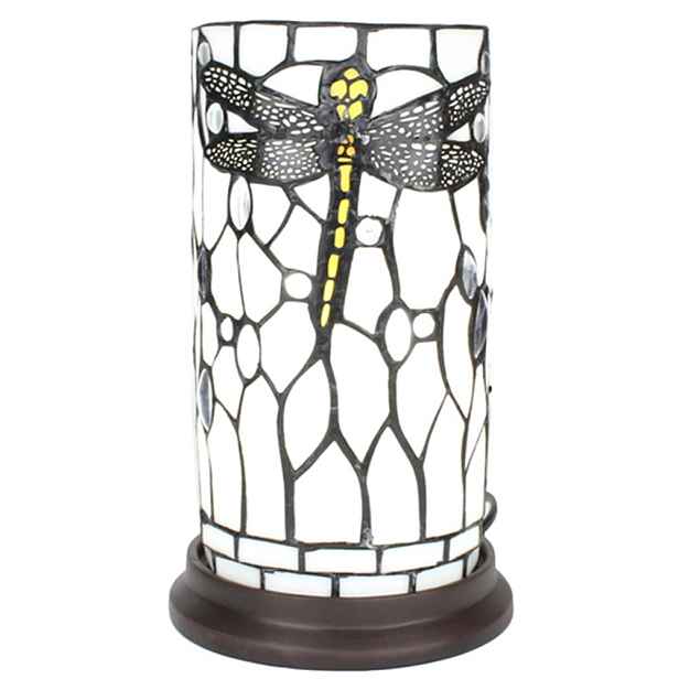 Bílá válcovitá stolní lampa Tiffany s vážkou DragonFly - Ø 15*26 cm E14/max 1*40W Clayre & Eef