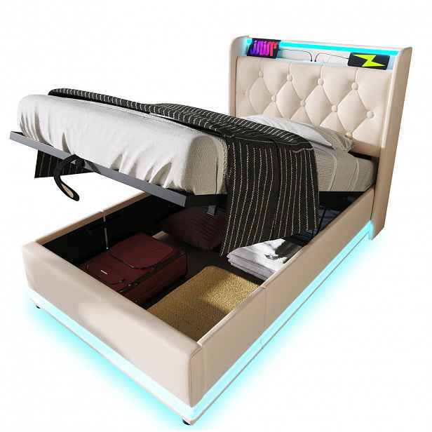 Redom ČALOUNĚNÁ postel 90/200 cm s 360° LED osvětlením, USB a USB-C nabíjením, hydraulickým úložným prostorem a matrací, Bílá