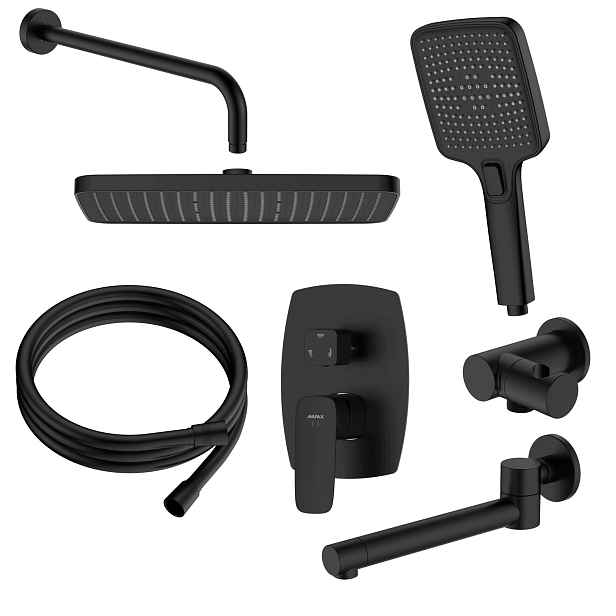 Sprchový set pod omítku s třífunkční černou baterií sprchová hlavice hadice
