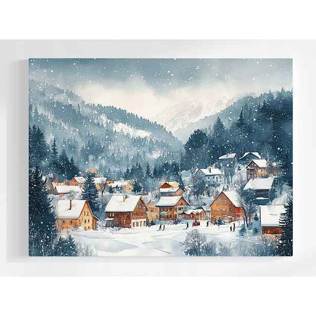 Obraz Na Plátně Canvas Zima Krajina Hory Vesnice Osada Domy Sníh Les 80x60