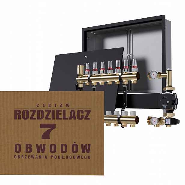 Rozdělovač pro podlahu 7 okruhů se skupinou Grundfos podomítková skříňka