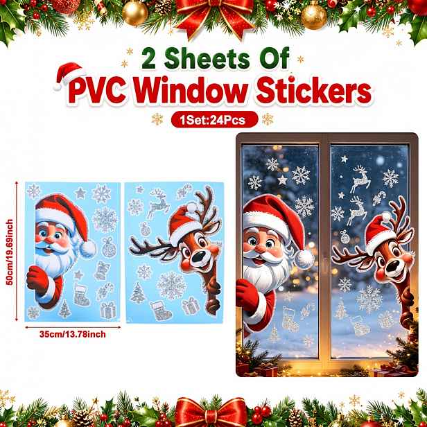 TEMU 2D ploché - 2D ploché - 2 archy PVC samolepek na okna (2D ploché), samolepky na okna s designem červeného Santa , dekorace na vánoční večírek,