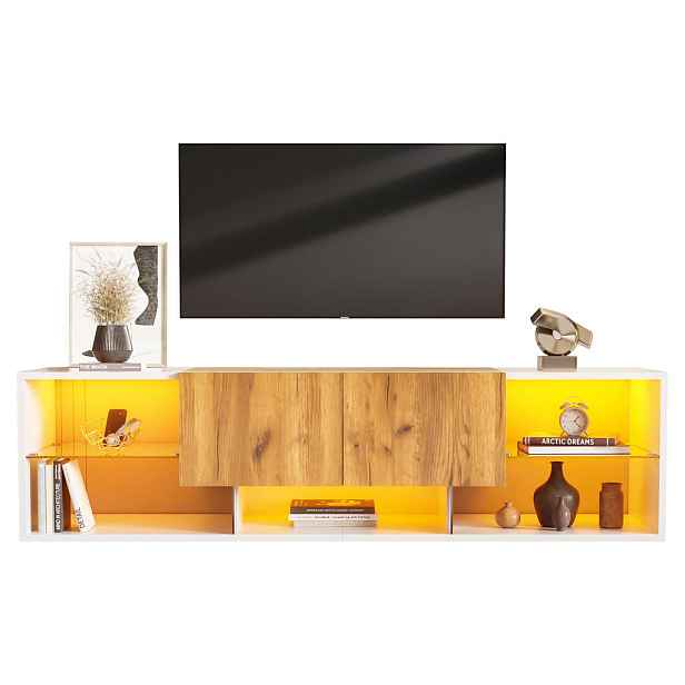 EVRYAE TV STOLEK 160/40/42 cm Bílá vzhled dřeva s LED 16 barvami zásuvky dřevotříska skleněná police moderní