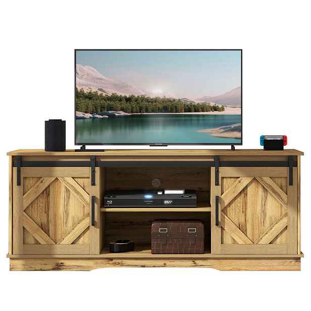 EVRYAE TV STOLEK TV stojan s posuvnými dvířky a velkým úložným prostorem, vzhled dřeva, nosnost 80 kg, dřevěný materiál/kov