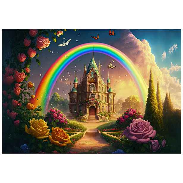 Fototapeta Zámek Duha Růže Motýli Pohádková zahrada Fantazie 208x146 lepidlo