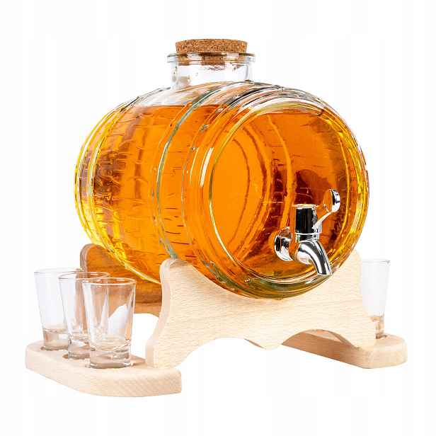 Skleněný sud s kohoutkem 3 l, sud, karafa na whisky, skleničky