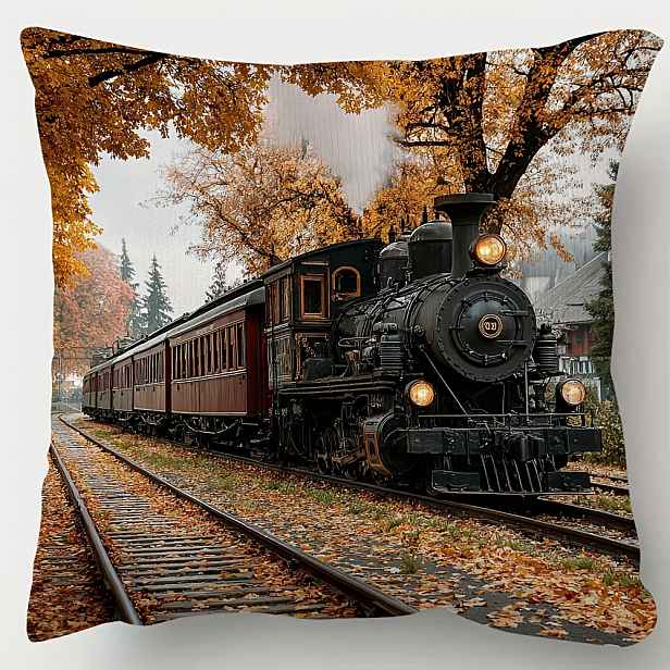 TEMU 1 Měkký Krátký Plyšový Dekorativní Polštář o rozměrech 45.72X45.72 cm s Oboustranným Potiskem Vintage Parní Vlaku, Lokomotivy a Podzimní
