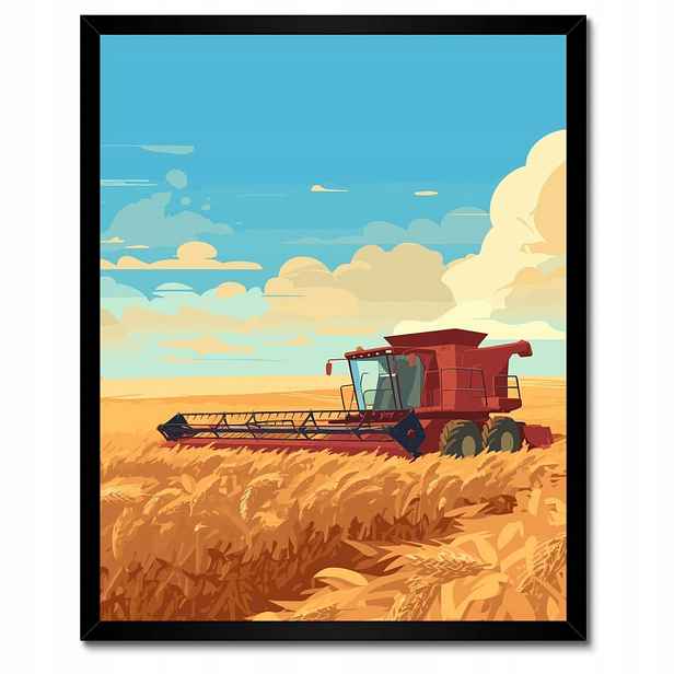 Plakáty v rámu 40x50 Červený kombajn v poli na sklizni