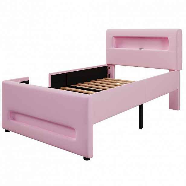 OKWISH ČALOUNĚNÁ postel 90/200 cm růžová z PU a MDF s LED osvětlením a úložnou zásuvkou