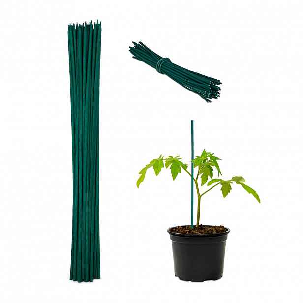 Relaxdays TYČE Tmavě zelené 50dílná-sada Bambus s vázacím drátem 30 cm