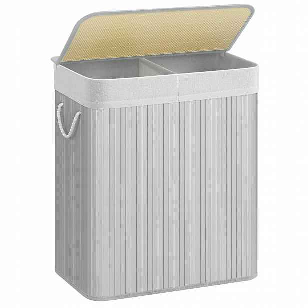 Šedý bambusový koš na prádlo s 2 komorami, vyjímatelná látková vložka 100 l