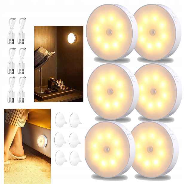 6 Ks Led Lampička S Pohybovým Senzorem Bezdrátová Magnet Nástěnná Lampa Usb 3000K
