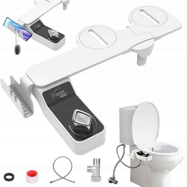 Toaletní bidet se 2 zasouvacími tryskami a držákem na smartphone je součástí balení