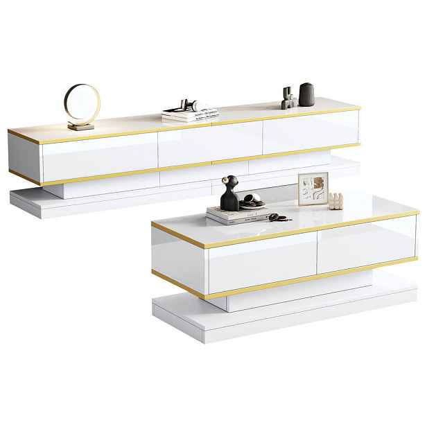 EVRYAE KONFERENČNÍ STOLEK 200/40/40 cm + konferenční stolek 100/50/38 cm, vysoký lesk Bílá/Zlatá, dřevotříska