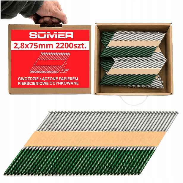 Hřebíky do hřebíkovačky spojujte papírem kroužek pozink 2,8x75mm 2200ks 34°