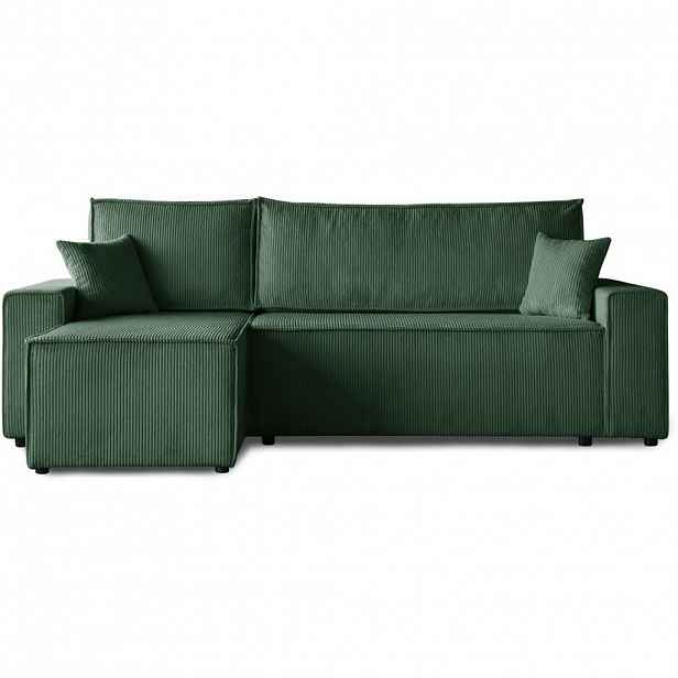Beautysofa ROHOVÁ ROZKLÁDACÍ POHOVKA Hektor, s funkcí spaní, 247 cm, otoman 70 cm, tmavě zelená