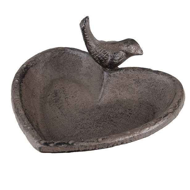 Hnědé litinové pítko/ krmítko pro ptáčky ve tvaru srdce - 16*14*8 cm Clayre & Eef
