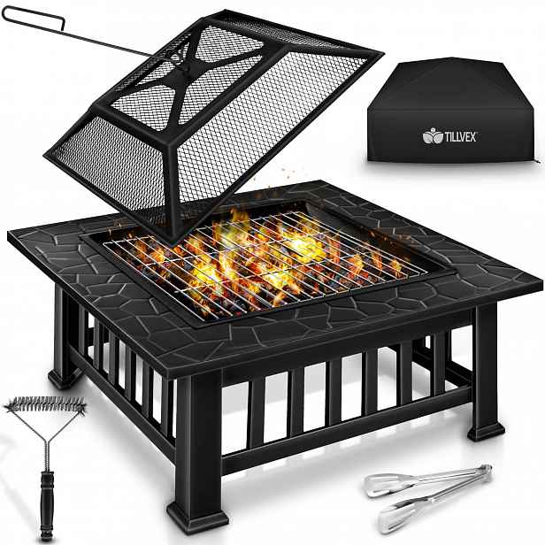 TEMU Tillvex® Venkovní Ohniště s Ochrannou Mřížkou, Grilovacím Roštem a Krytem | Zahradní Krb s Grilovací Funkcí | 3v1 BBQ Ohniště s Háčkem na Špízy,