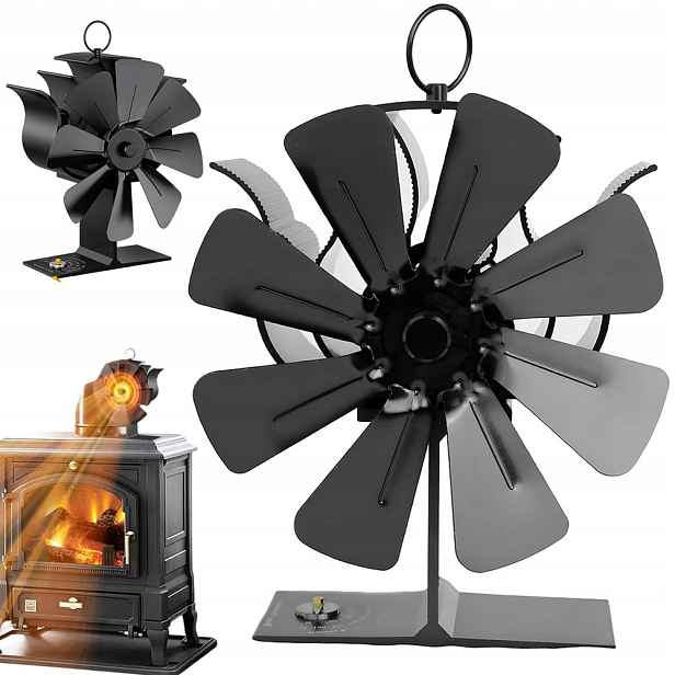 Ventilátor do krbu Termický 8 lopatek s teploměrem Tichý černý 155