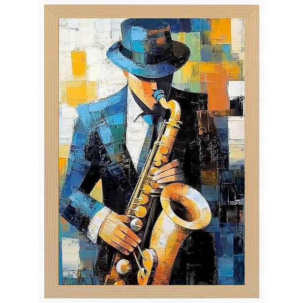 Plakát Rámeček Dřevo Kubismus Olej Portrét Hudebník Jazz Saxofon 60x80