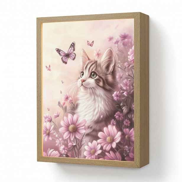 OnlyWow NÁSTĚNNÁ LAMPA S AKUMULÁTOREM Koťátko - Květiny - Motýli - Fialová 30x40 cm