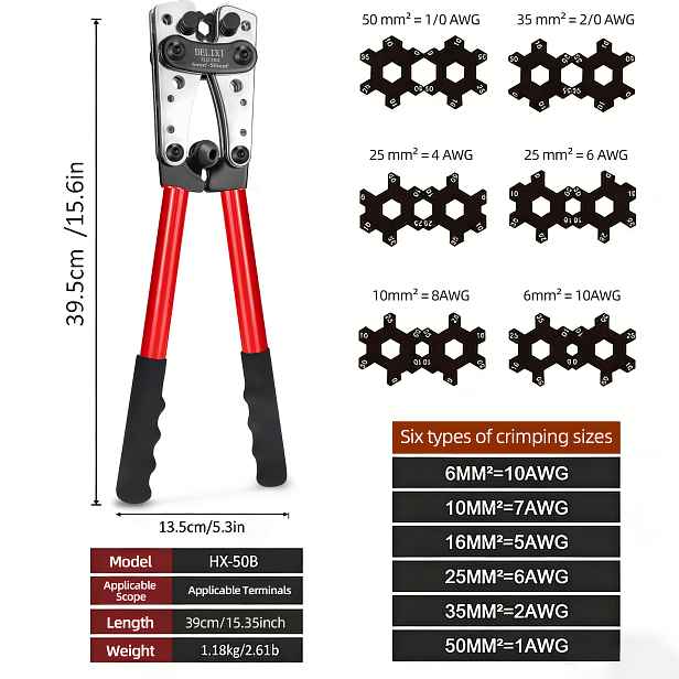 TEMU 16palcové ruční krimpovací kleště na kabelové svorky, robustní šestihranné krimpovací nástroje na drátové svorky, 6-50 mm² (10-1/0 AWG)