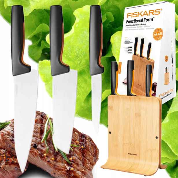Sada 3 Ostrých Nožů Fiskars V Bambusovém Bloku, Pevné A Pevné, Pořádné