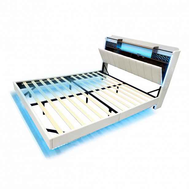 Redom ČALOUNĚNÁ postel 140/200 cm s LED osvětlením, USB portem a úložným čelem, Béžová