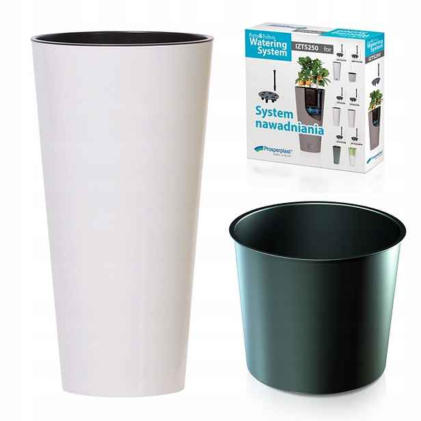 Květináč Ø30 cm kulatý Tubus Slim Shine bílý s zavlažováním DTUS300S