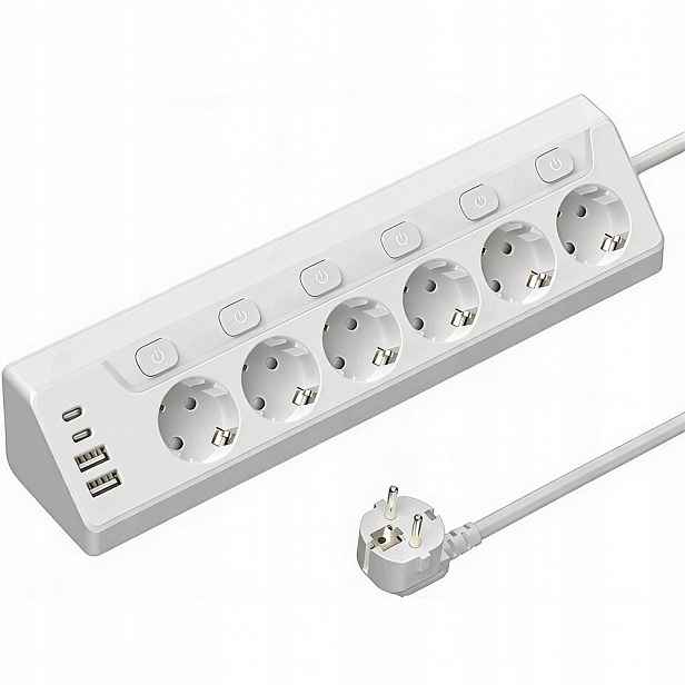 Prodlužovací Kabel 6 Zásuvek 2x Usb 2XUSB-C Kabel 2M Silný 230V
