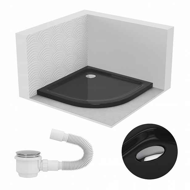 Sprchová Vanička Půlkruhová 90x90 Slim Akrylová Nízká 5 CM Černý Sifon