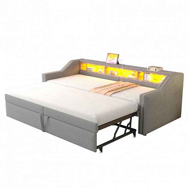 Modfu ČALOUNĚNÁ postel z lněné tkaniny 90/180x200 cm světle šedá s výsuvným lůžkem, úložnými přihrádkami, LED osvětlením a USB