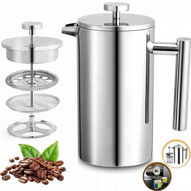 Stříbrná Pístová Kávovarka 800 ML, French Press Na 2-4 Šálky