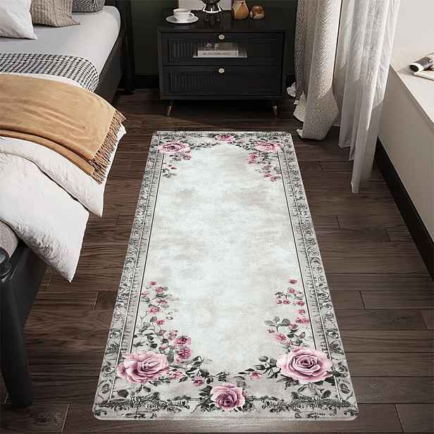 TEMU 1 ks Vintage růžového krajkového koberce - s elegantními a složitými vzory, tloušťka houby 0,99 cm, lze prát v pračce, vhodný vnitřní vstupní