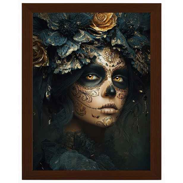 Plakát Rámeček Dřevo Dia De Los Muertos Catrina Zlaté Růže Art 60x80