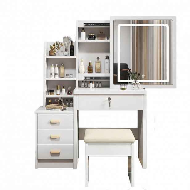 OKWISH TOALETNÍ stolek 85/36/130 cm bílý z MDF se zrcadlem, osvětlením a úložným prostorem