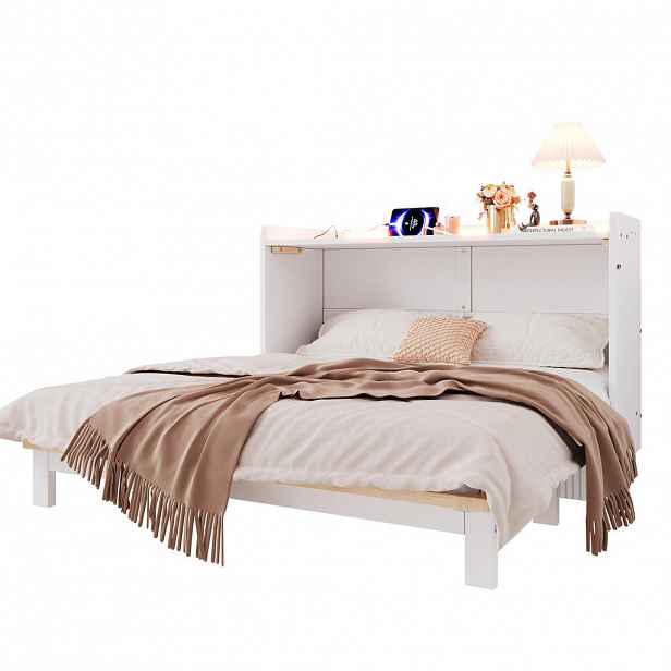 Redom POSTEL 140/200 cm s USB, zásuvkou, LED osvětlením a úložným prostorem, Bílá