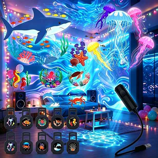 TEMU Noční světlo s USB projekcí s Oceánského snu, kreativní LED ambientní světlo, přenosná lampička na noční stolek, projekčními vzory mořského